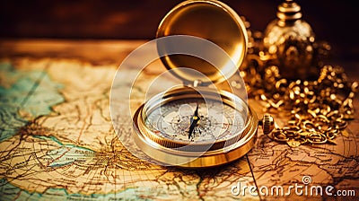 Photo of a vintage compass lying on ancient maps. The atmosphere of travel and adventure. Generative AI Stock Photo