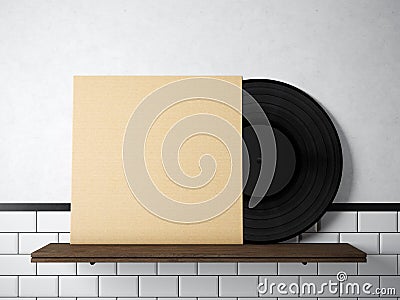 Photo vinyl music album template on natural wood bookshelf.White painted bricks wall background.Vintage style,high Stock Photo