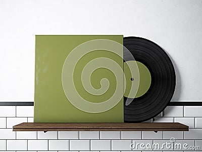 Photo vinyl music album template on natural wood bookshelf.White painted bricks wall background.Vintage style,high Stock Photo