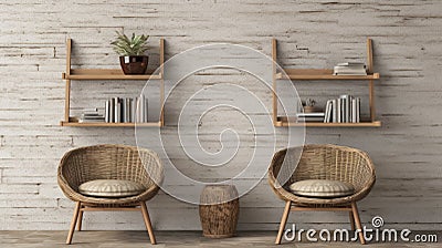 Realistic And Naturalistic Wooden Wall With Chairs And Shelf Stock Photo
