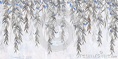 Willow branches with butterflies on a grey concrete grunge wall. Stock Photo