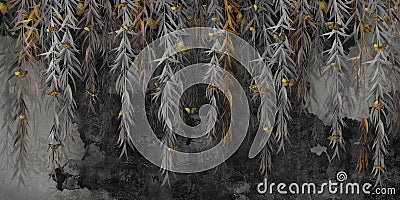 Willow branches with gold butterflies on a black concrete grunge wall. Stock Photo