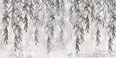 Willow branches on a grey concrete grunge wall. Stock Photo