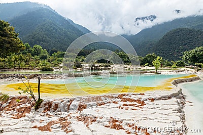 The colorful water of calcified landscape in Baishui Platform Stock Photo