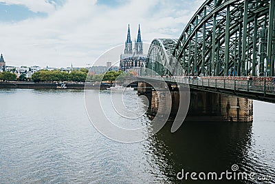 Cologne Germany church and bridge Stock Photo