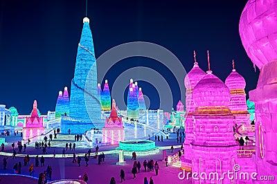 The colorful ice lantern of towers in the park nightscape Editorial Stock Photo