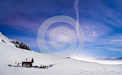 Mountain cabin winter night landscape amazing sky Stock Photo
