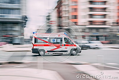 The photo of italian ambulance, driving to the accident. Editorial Stock Photo