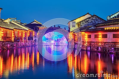 The folk houses in night in Nanxun ancient town Stock Photo