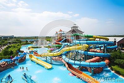 Photo of the water park from above. Various slides in a water park on a sunny day, hotel with entertainment Stock Photo