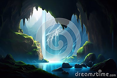 waterfall in cave view illustration ai generated Cartoon Illustration