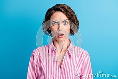 Photo of wavy shocked surprised woman worker dressed pink shirt open mouth raised eyebrow isolated blue color background Stock Photo