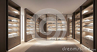 Ai generated a well-organized and spacious walk-in closet with neatly stacked white sheets and linens Stock Photo