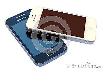 Photo of a white Apple Iphone device above a black Android Samsung Galaxy device, isolated in white background Editorial Stock Photo