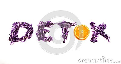 Word Detox made from red cabbage and orange Stock Photo