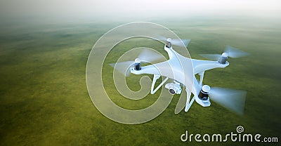 Photo White Matte Generic Design Air Drone with video camera Flying in Sky under the Earth Surface. Uninhabited Green Stock Photo