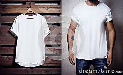 Photo of white tshirt hanging on wood background and bearded man wearing clear Tshirt. Vertical blank mockup Stock Photo