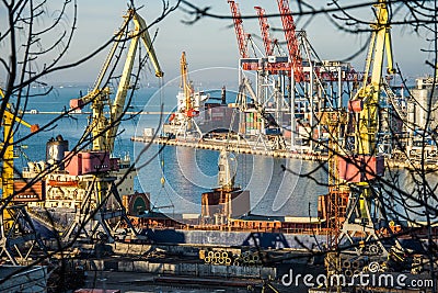 The photo will open a view of the container terminal. Commercial port, City Odessa, Ukraine Editorial Stock Photo