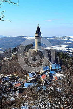 Winter landscape around the town of Stramberk with the dominant castle lookout tower, January 2021, Stramberk, North Moravia, Czec Stock Photo