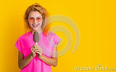 photo of woman with icelolly ice cream at summer, copy space. woman with icelolly ice cream Stock Photo
