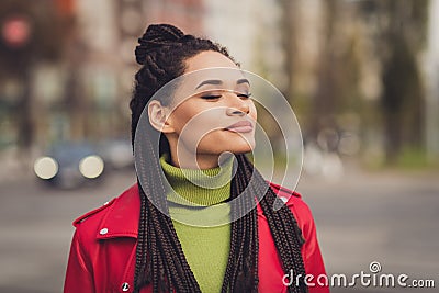 Photo of young attractive african woman happy positive enjoy free time weekend dream dreamy walk city Stock Photo