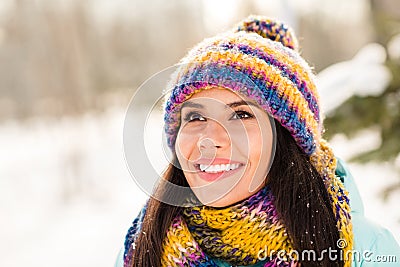 Photo of young cheerful woman happy positive smile dream look empty space walk park nature winter snowy Stock Photo