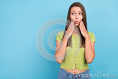 Photo of young dreamy curious shocked woman news look empty space isolated on pastel blue color background Stock Photo