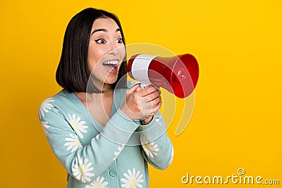 Photo of young excited funny chinese boss positive lady screaming loud speaker orator look empty space speech isolated Stock Photo