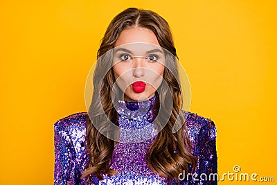 Photo of young fancy girl flirty pouted lips send air kiss wear sequins dress isolated over yellow color background Stock Photo