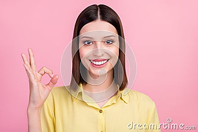 Photo of young girl happy positive smile show okay alright symbol great perfect fine isolated over pink color background Stock Photo