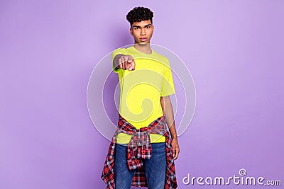 Photo of young handsome black man unhappy upset point finger you accuse blame guilty isolated over violet color Stock Photo