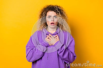 Photo of young impressed woman horrified face reaction trouble isolated over yellow color background Stock Photo