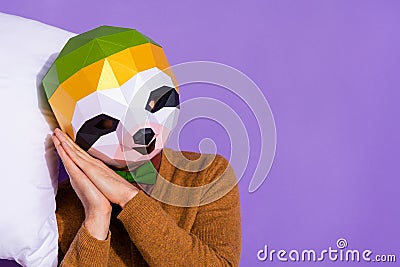 Photo of young man sleepy enjoy dreamy sleepover weird red panda isolated over purple color background Stock Photo