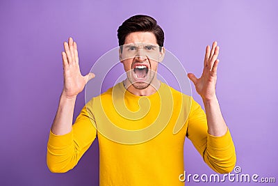 Photo of young man unhappy sad upset yell scream angry accuse conflict problem isolated over violet color background Stock Photo