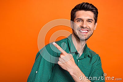 Photo of young targetologist man handsome direct finger empty space useful information how get new job isolated on Stock Photo