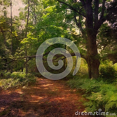 Photoart Digital Art Painting of a Nature Trail Through the Woods. Stock Photo