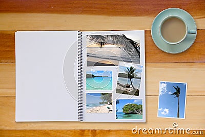 Photobook Album with Travel Photo on Wooden Floor Table with Coffee or Tea in Cup Stock Photo