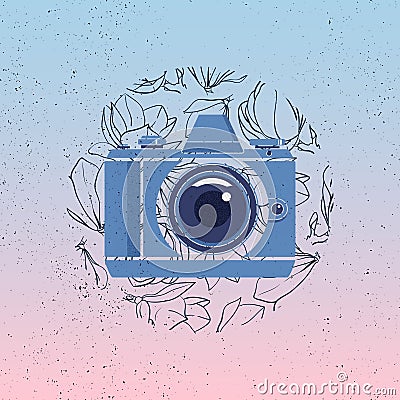 Photocamera vector icon with magnolia flowers on gradient background. Grunge photographer logo. Vector Illustration