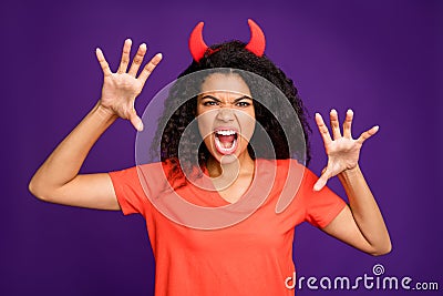 Photof of horrible terrifying mad insane occultist spooky attempting to frighten you with her frightful grimace on face Stock Photo