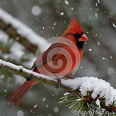 Photograph of a brilliant red male northern cardinal perched amidst snow covered branches in a midwestern winter woodland. Stock Photo