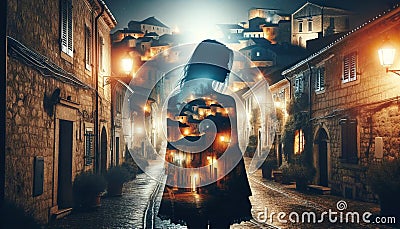 The photograph captures the ambiance of a sleepy village at night with a double exposure of a silhouetted woman Stock Photo