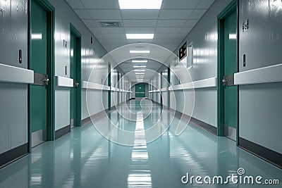 Photograph captures emptiness of hospital hallway, quiet and calm Stock Photo