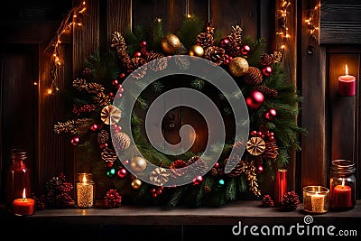 A photograph captures an enchanting Christmas wreath adorning a rustic wooden door, radiating warmth and festive joy with its Stock Photo