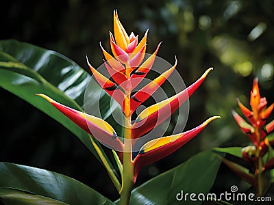 The photograph captures the Heliconia in its natural habitat, surrounded by a verdant tapestry of tropical foliage. Stock Photo