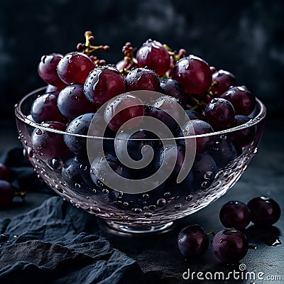 Deep Purple Grapes in a Glass Bowl Stock Photo