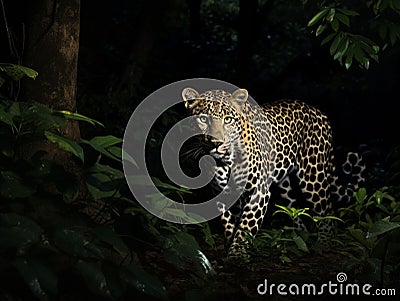 A Majestic Leopard's Silent Stalk Through the Night Stock Photo