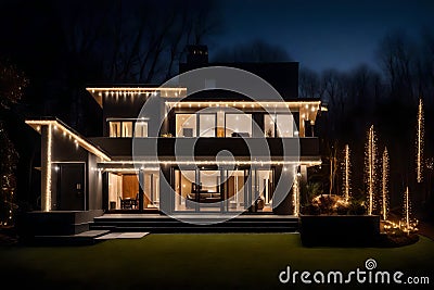 A Photograph capturing the sleek lines and contemporary design of a modern house exterior, adorned with dazzling lights, on New Stock Photo