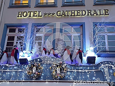 Photograph of the Christmas decorations on the three star hotel Cathedral in Paris Editorial Stock Photo