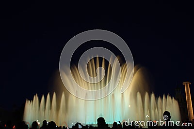 Photograph of the colored water fountains during the night show near Plaza EspaÃ±a. Editorial Stock Photo