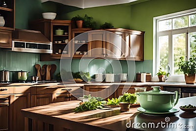 A Photograph of a cozy kitchen interior with a soothing light green color scheme, Stock Photo